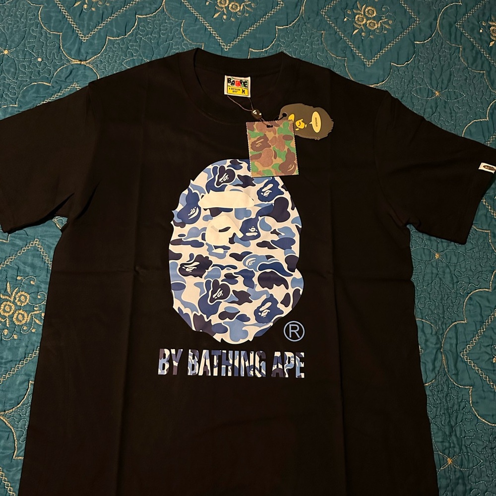 Bape Black Tee with Blue Camo Ape Head